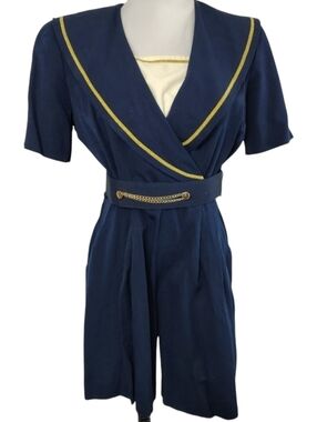 Vintage 80s JSJ Petites Women's Navy Blue Sailor Romper Nautical Size 8